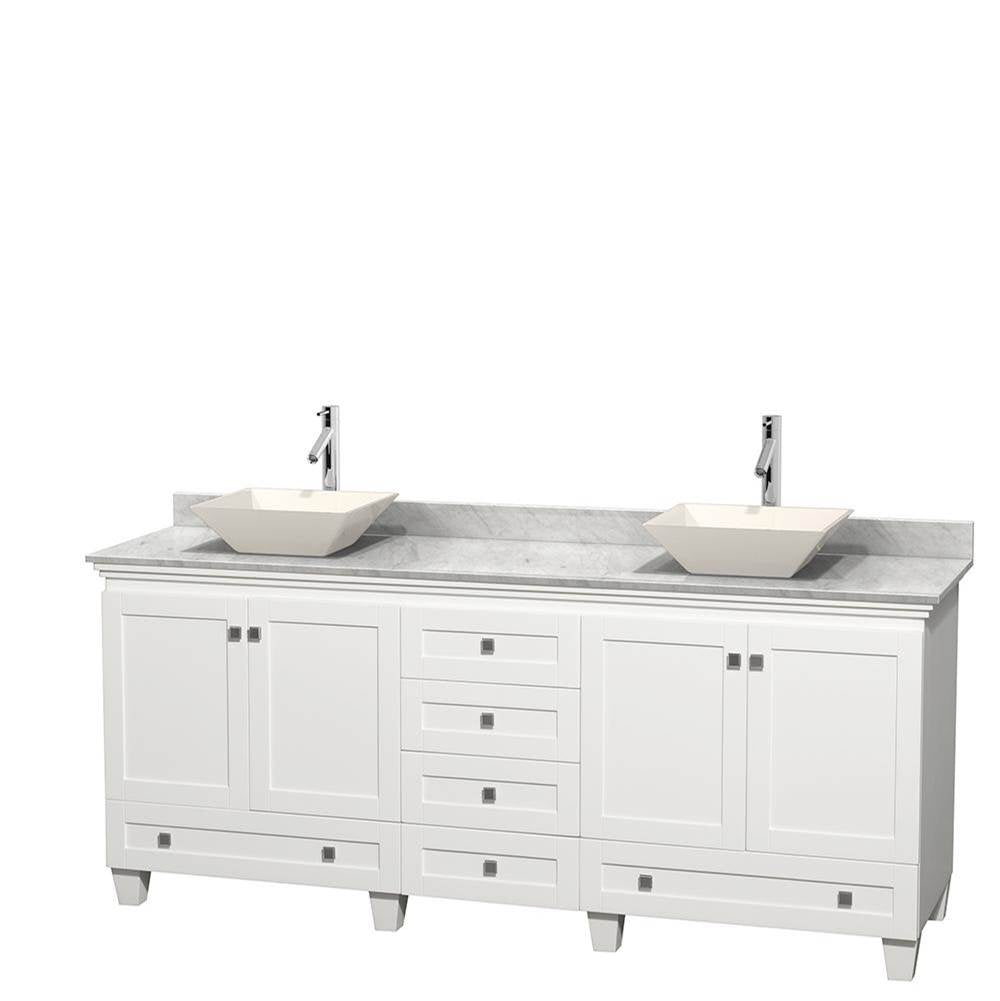 Wyndham Collection - Acclaim 80 Inch Double Bathroom Vanity in White, White Carrara Marble Countertop, Pyra Bone Porcelain Sinks, and No Mirrors - White