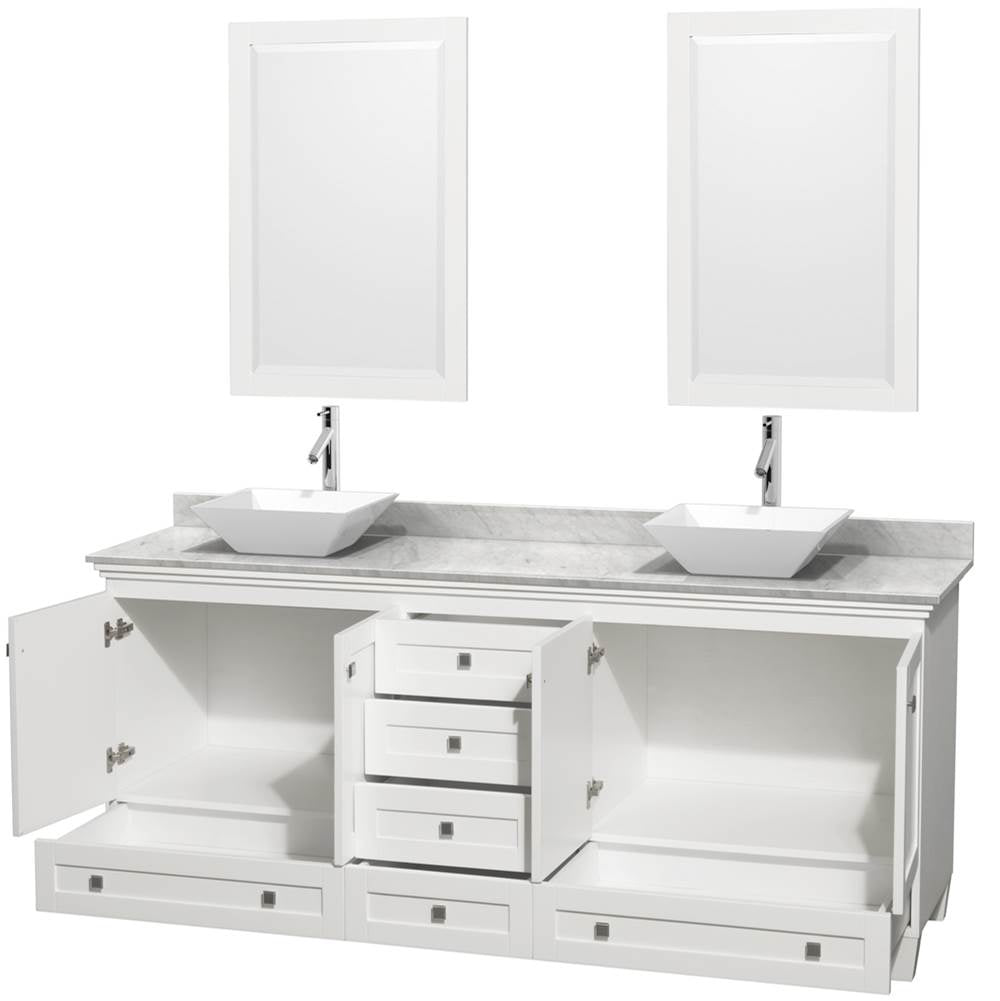 Acclaim 80 Inch Double Bathroom Vanity in Espresso, White Carrara Marble Countertop, Pyra White Porcelain Sinks, and 24 Inch Mirrors