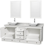 Acclaim 80 Inch Double Bathroom Vanity in Espresso, White Carrara Marble Countertop, Pyra White Porcelain Sinks, and 24 Inch Mirrors