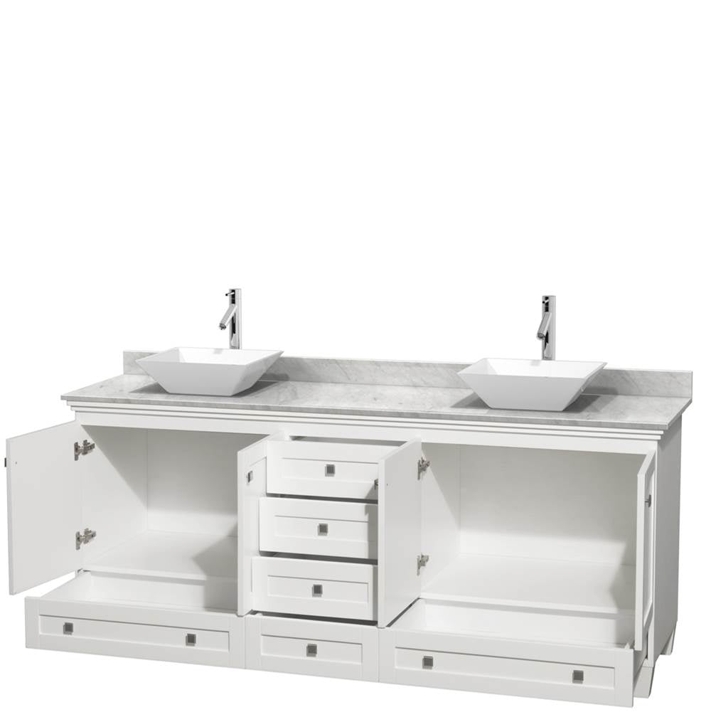 Acclaim 80 Inch Double Bathroom Vanity in Espresso, White Carrara Marble Countertop, Pyra White Porcelain Sinks, and No Mirrors