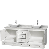 Acclaim 80 Inch Double Bathroom Vanity in Espresso, White Carrara Marble Countertop, Pyra White Porcelain Sinks, and No Mirrors