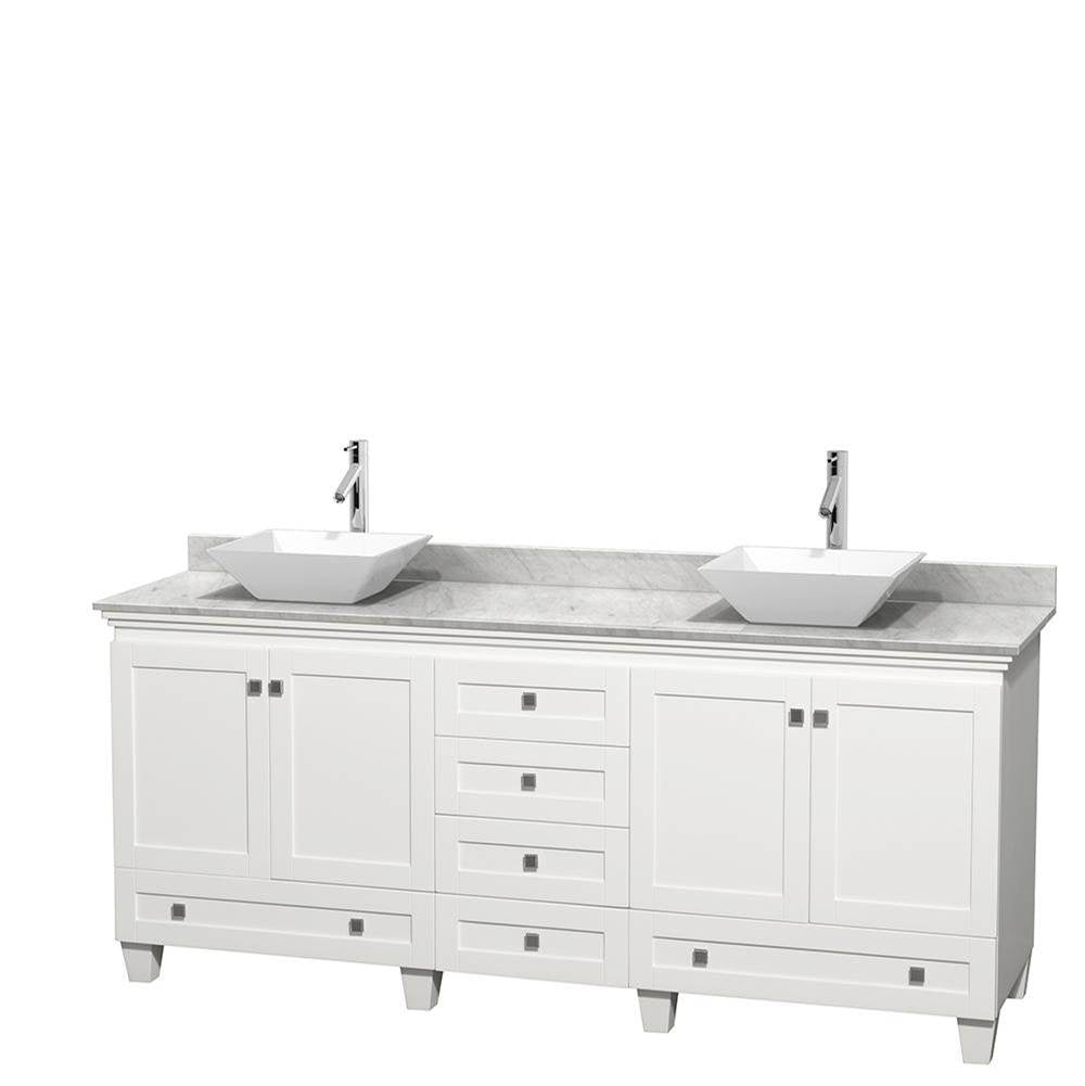 Wyndham Collection - Acclaim 80 Inch Double Bathroom Vanity in White, White Carrara Marble Countertop, Pyra White Porcelain Sinks, and No Mirrors - White