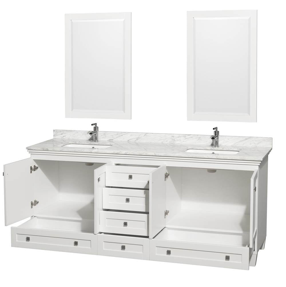 Acclaim 80 Inch Double Bathroom Vanity in Espresso, White Carrara Marble Countertop, Undermount Square Sinks, and 24 Inch Mirrors