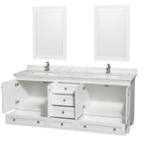 Acclaim 80 Inch Double Bathroom Vanity in Espresso, White Carrara Marble Countertop, Undermount Square Sinks, and 24 Inch Mirrors