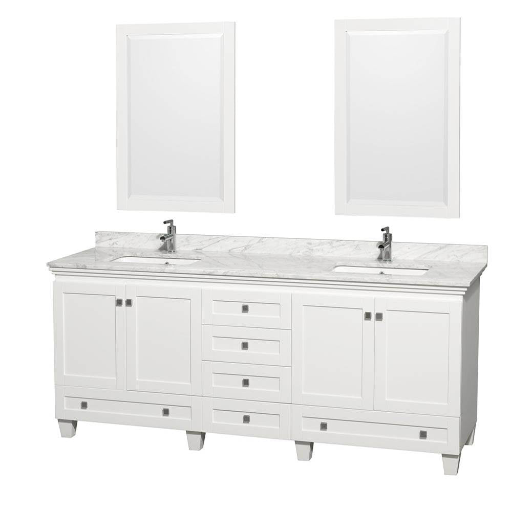 Wyndham Collection - Acclaim 80 Inch Double Bathroom Vanity in White, White Carrara Marble Countertop, Undermount Square Sinks, and 24 Inch Mirrors - White
