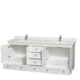 Acclaim 80 Inch Double Bathroom Vanity in Espresso, White Carrara Marble Countertop, Undermount Square Sinks, and No Mirrors
