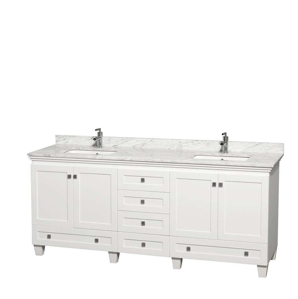 Wyndham Collection - Acclaim 80 Inch Double Bathroom Vanity in White, White Carrara Marble Countertop, Undermount Square Sinks, and No Mirrors - White