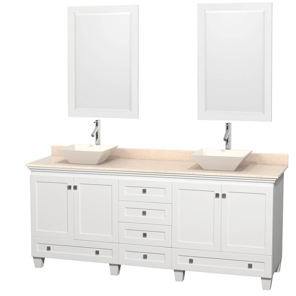 Wyndham Collection - Acclaim 80 Inch Double Bathroom Vanity in White, Ivory Marble Countertop, Pyra Bone Porcelain Sinks, and 24 Inch Mirrors - White