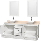 Acclaim 80 Inch Double Bathroom Vanity in Espresso, Ivory Marble Countertop, Pyra White Porcelain Sinks, and 24 Inch Mirrors