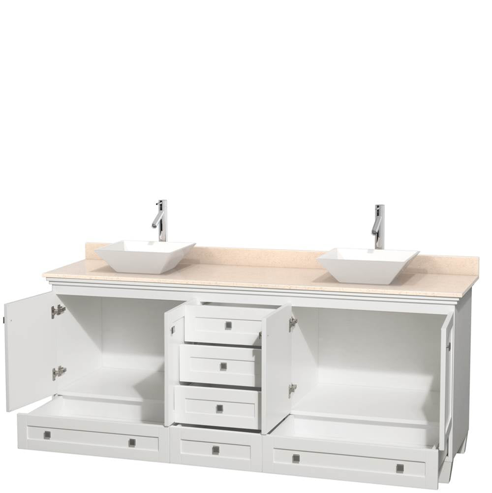 Acclaim 80 Inch Double Bathroom Vanity in Espresso, Ivory Marble Countertop, Pyra White Porcelain Sinks, and No Mirrors