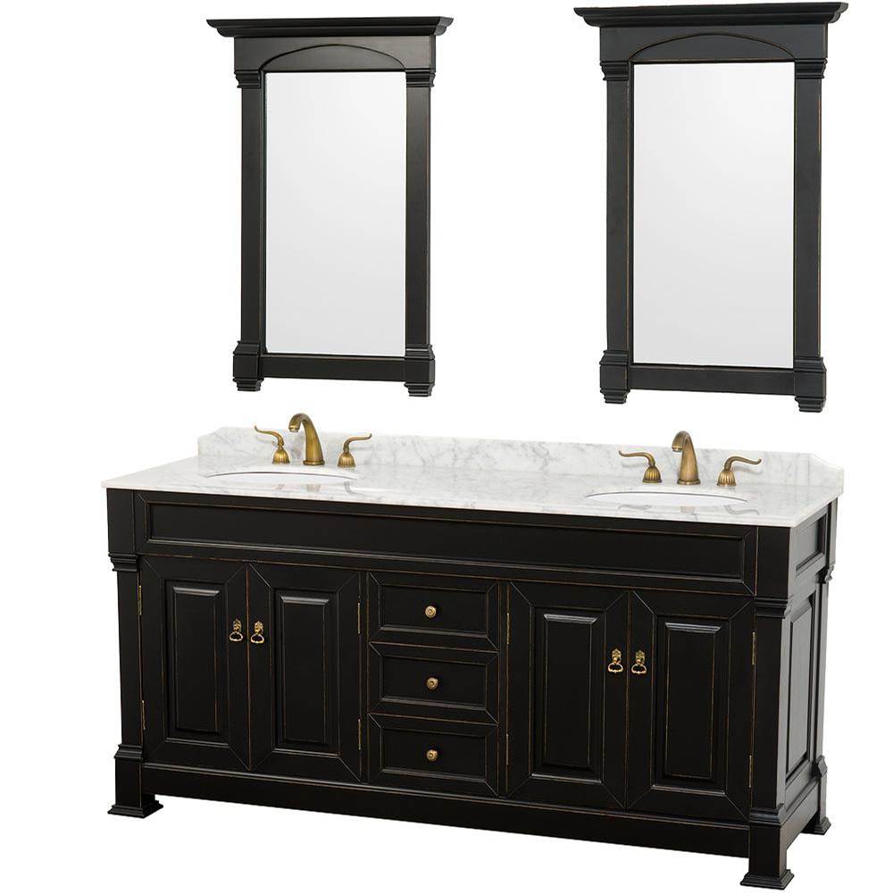 Wyndham Collection - Andover 72 Inch Double Bathroom Vanity in Black, White Carrara Marble Countertop, Undermount Oval Sinks, and 28 Inch Mirrors - Black