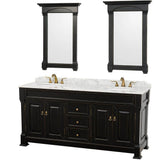 Wyndham Collection - Andover 72 Inch Double Bathroom Vanity in Black, White Carrara Marble Countertop, Undermount Oval Sinks, and 28 Inch Mirrors - Black