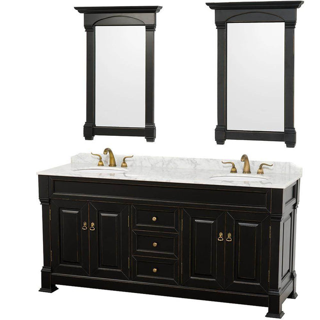 Wyndham Collection - Andover 72 Inch Double Bathroom Vanity in Black, White Carrara Marble Countertop, Undermount Oval Sinks, and 28 Inch Mirrors - Black