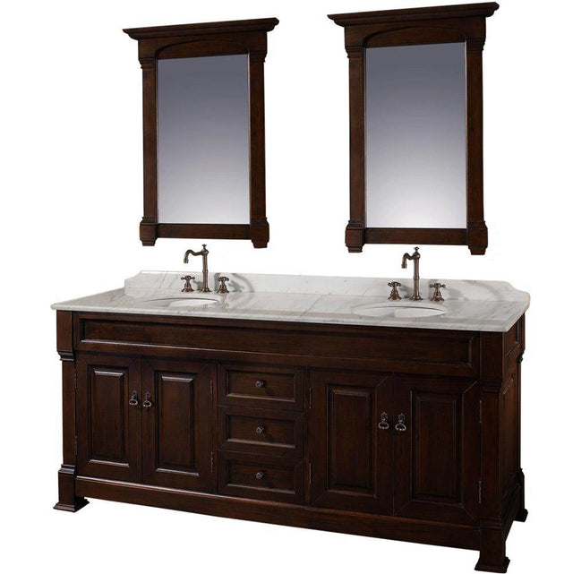 Wyndham Collection - Andover 72 Inch Double Bathroom Vanity in Dark Cherry, White Carrara Marble Countertop, Undermount Oval Sinks, and 28 Inch Mirrors - Dark Cherry