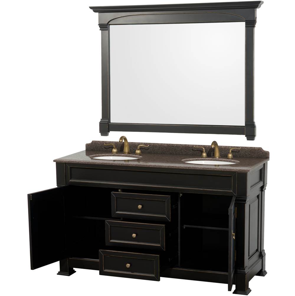 Andover 60 Inch Double Bathroom Vanity in Black, Imperial Brown Granite Countertop, Undermount Oval Sinks, and 56 Inch Mirror