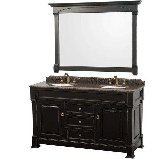 Wyndham Collection - Andover 60 Inch Double Bathroom Vanity in Black, Imperial Brown Granite Countertop, Undermount Oval Sinks, and 56 Inch Mirror - Black