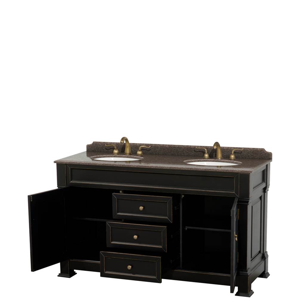 Andover 60 Inch Double Bathroom Vanity in Black, Imperial Brown Granite Countertop, Undermount Oval Sinks, and No Mirror