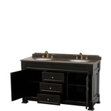 Andover 60 Inch Double Bathroom Vanity in Black, Imperial Brown Granite Countertop, Undermount Oval Sinks, and No Mirror
