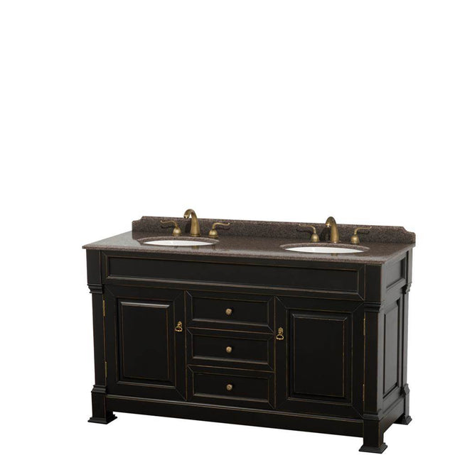 Wyndham Collection - Andover 60 Inch Double Bathroom Vanity in Black, Imperial Brown Granite Countertop, Undermount Oval Sinks, and No Mirror - Black