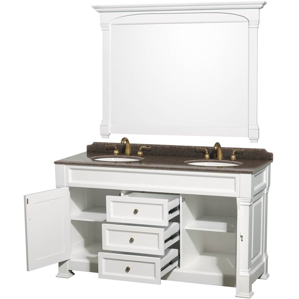 Andover 60 Inch Double Bathroom Vanity in Black, Imperial Brown Granite Countertop, Undermount Oval Sinks, and 56 Inch Mirror