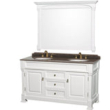 Wyndham Collection - Andover 60 Inch Double Bathroom Vanity in White, Imperial Brown Granite Countertop, Undermount Oval Sinks, and 56 Inch Mirror - White