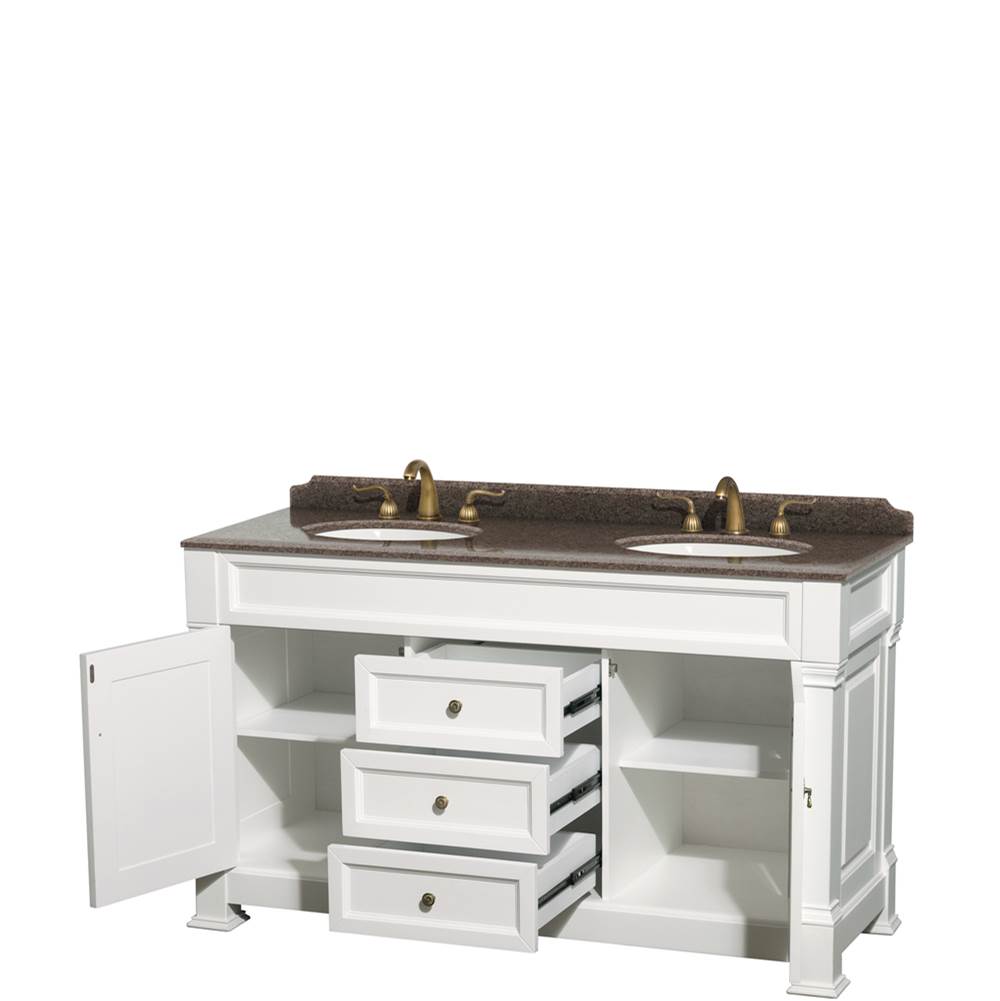 Andover 60 Inch Double Bathroom Vanity in Black, Imperial Brown Granite Countertop, Undermount Oval Sinks, and No Mirror