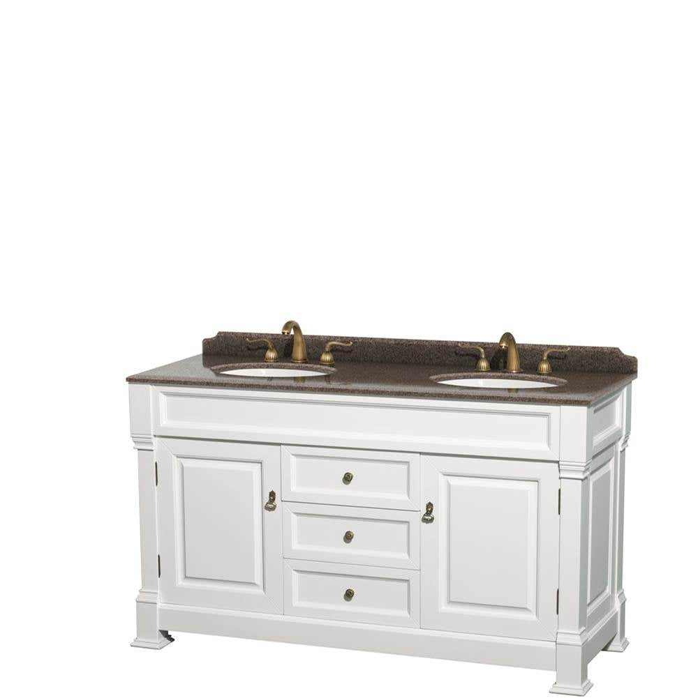 Wyndham Collection - Andover 60 Inch Double Bathroom Vanity in White, Imperial Brown Granite Countertop, Undermount Oval Sinks, and No Mirror - White