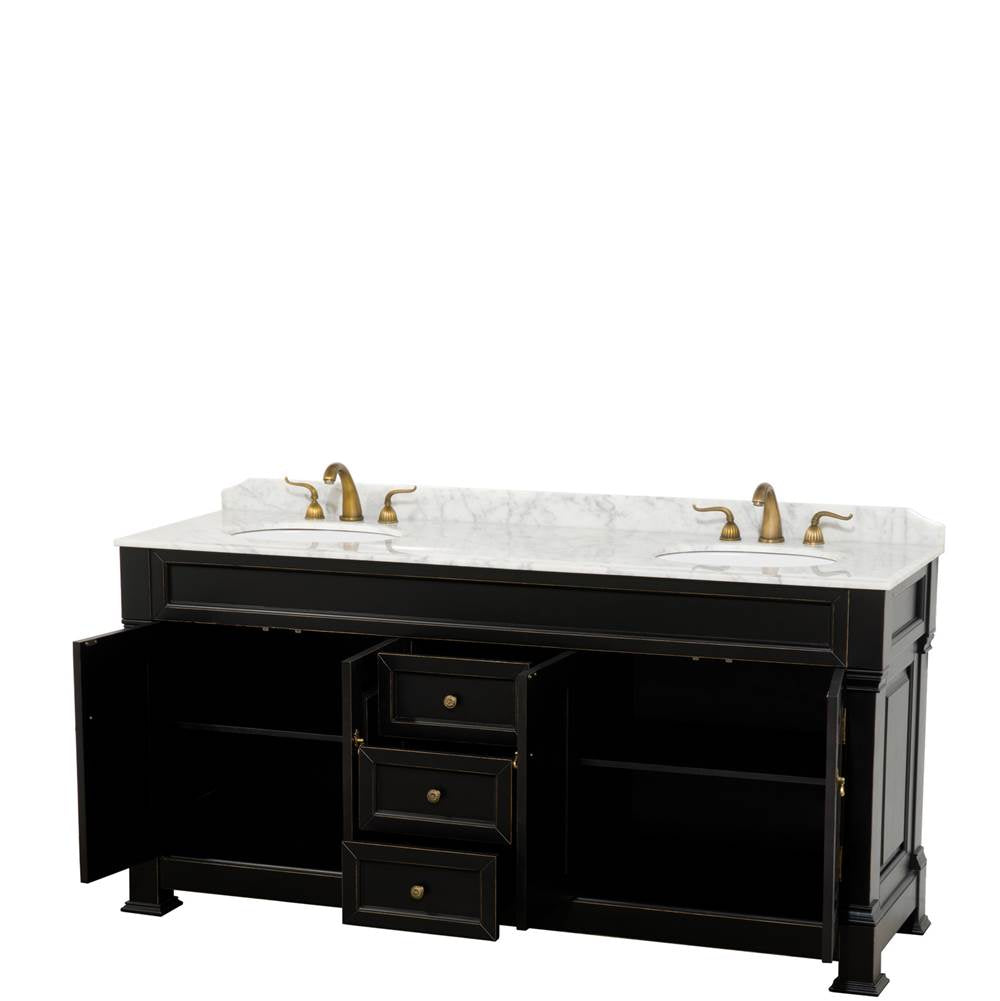 Andover 72 Inch Double Bathroom Vanity in Black, White Carrara Marble Countertop, Undermount Oval Sinks, and No Mirror