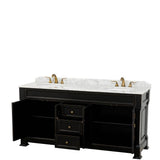 Andover 72 Inch Double Bathroom Vanity in Black, White Carrara Marble Countertop, Undermount Oval Sinks, and No Mirror