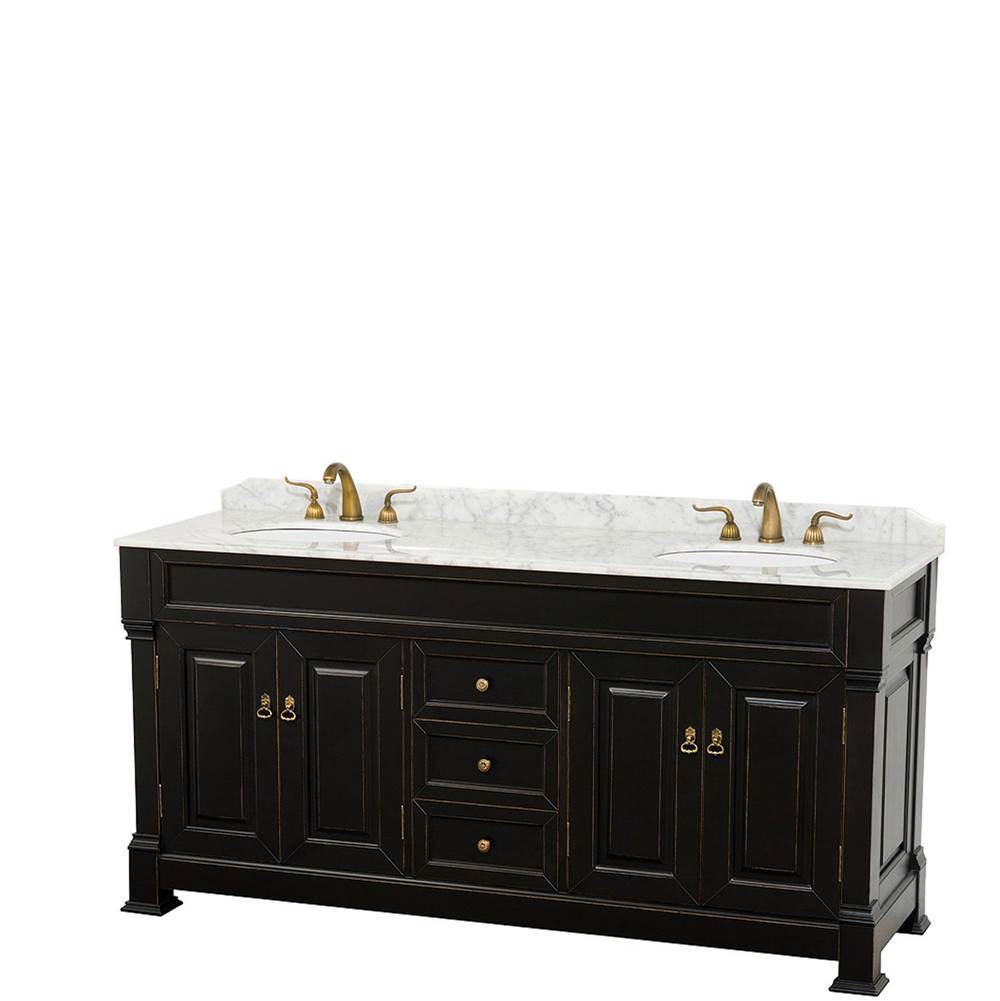 Wyndham Collection - Andover 72 Inch Double Bathroom Vanity in Black, White Carrara Marble Countertop, Undermount Oval Sinks, and No Mirror - Black
