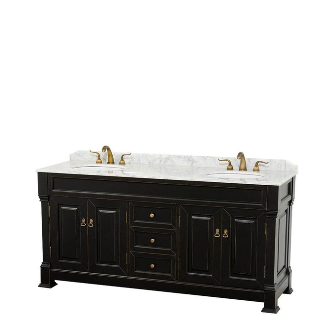 Wyndham Collection - Andover 72 Inch Double Bathroom Vanity in Black, White Carrara Marble Countertop, Undermount Oval Sinks, and No Mirror - Black