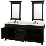 Andover 80 Inch Double Bathroom Vanity in Black with White Carrara Marble Countertop, Undermount Oval Sinks, and 28 Inch Mirrors