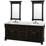 Wyndham Collection - Andover 80 Inch Double Bathroom Vanity in Black with White Carrara Marble Countertop, Undermount Oval Sinks, and 28 Inch Mirrors - Black