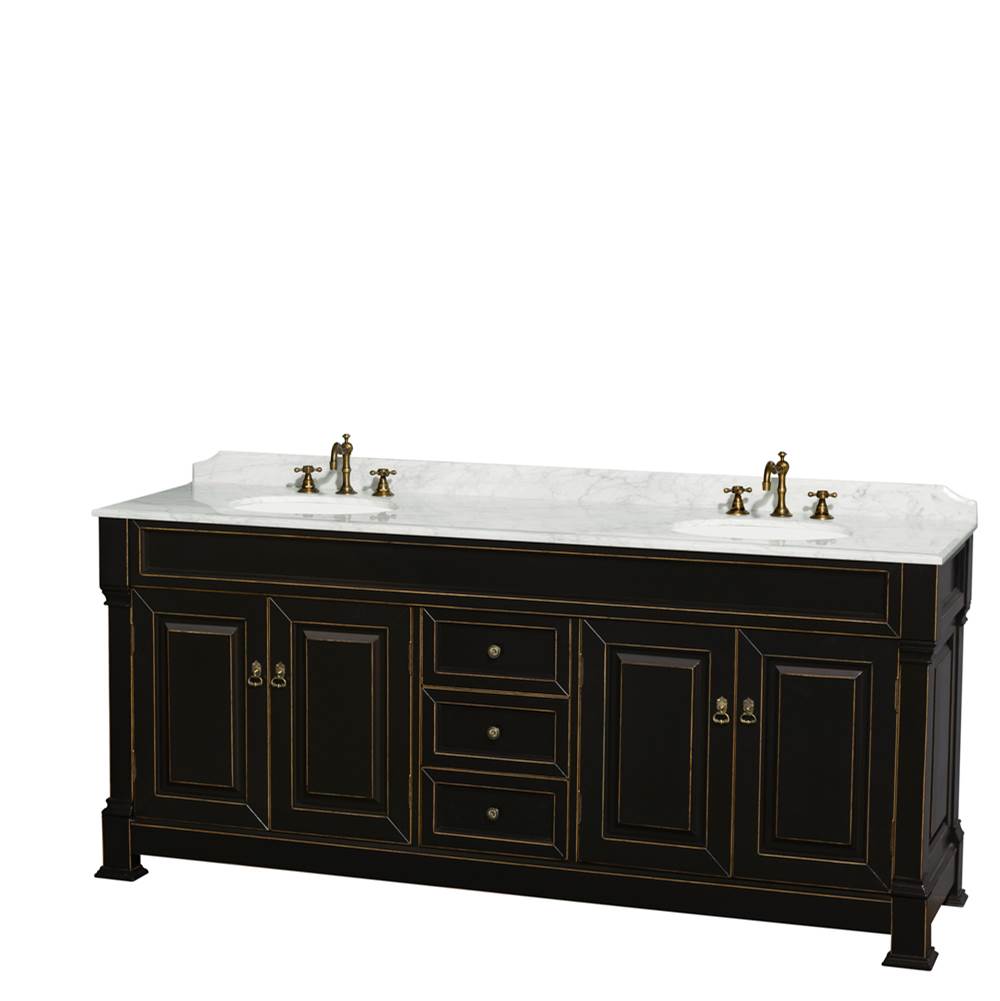 Andover 80 Inch Double Bathroom Vanity in Black with White Carrara Marble Countertop, Undermount Oval Sinks, and 28 Inch Mirrors