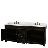 Andover 80 Inch Double Bathroom Vanity in Black, White Carrara Marble Countertop, Undermount Oval Sinks, and No Mirror