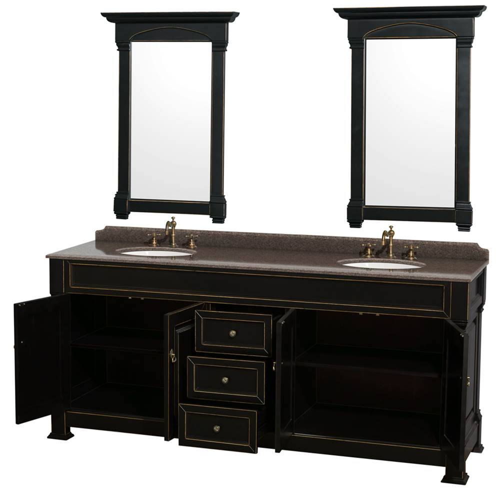 Andover 80 Inch Double Bathroom Vanity in Black, Imperial Brown Granite Countertop, Undermount Oval Sinks, and 28 Inch Mirrors