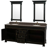 Andover 80 Inch Double Bathroom Vanity in Black, Imperial Brown Granite Countertop, Undermount Oval Sinks, and 28 Inch Mirrors