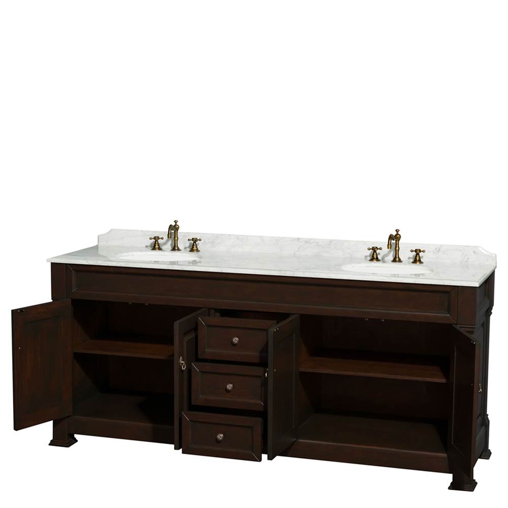 Andover 80 Inch Double Bathroom Vanity in Black, White Carrara Marble Countertop, Undermount Oval Sinks, and No Mirror