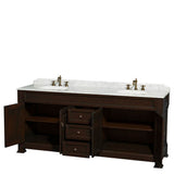 Andover 80 Inch Double Bathroom Vanity in Black, White Carrara Marble Countertop, Undermount Oval Sinks, and No Mirror