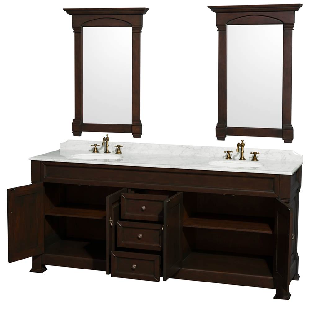Andover 80 Inch Double Bathroom Vanity in Black with White Carrara Marble Countertop, Undermount Oval Sinks, and 28 Inch Mirrors