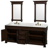 Andover 80 Inch Double Bathroom Vanity in Black with White Carrara Marble Countertop, Undermount Oval Sinks, and 28 Inch Mirrors
