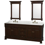 Wyndham Collection - Andover 80 Inch Double Bathroom Vanity in Dark Cherry with White Carrara Marble Countertop, Undermount Oval Sinks, and 28 Inch Mirrors - Dark Cherry