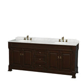 Andover 80 Inch Double Bathroom Vanity in Black with White Carrara Marble Countertop, Undermount Oval Sinks, and 28 Inch Mirrors