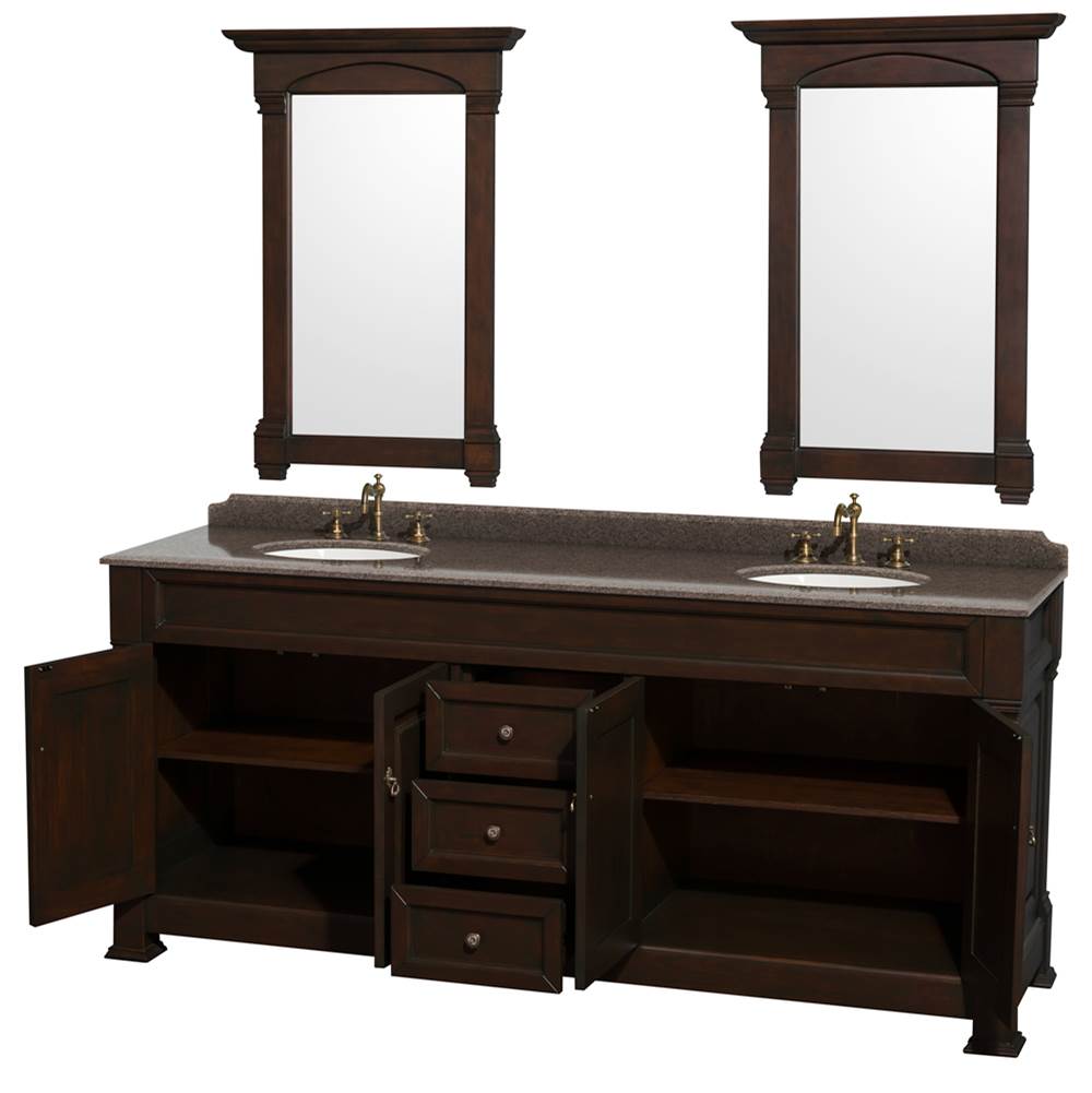 Andover 80 Inch Double Bathroom Vanity in Black, Imperial Brown Granite Countertop, Undermount Oval Sinks, and 28 Inch Mirrors