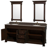 Andover 80 Inch Double Bathroom Vanity in Black, Imperial Brown Granite Countertop, Undermount Oval Sinks, and 28 Inch Mirrors