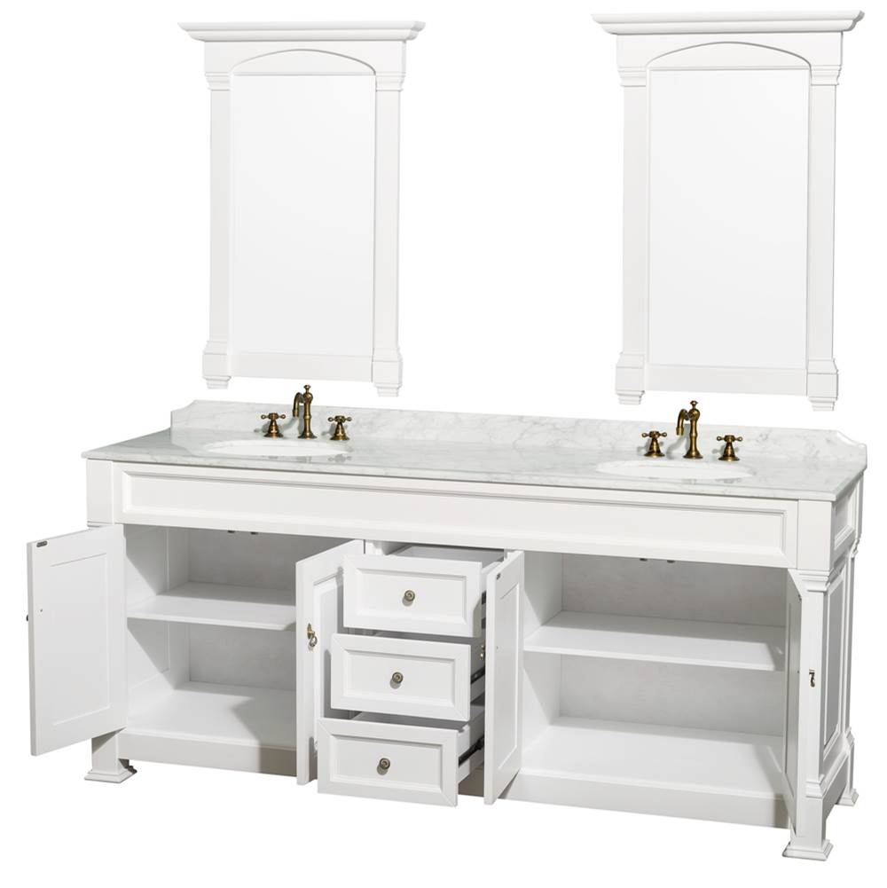 Andover 80 Inch Double Bathroom Vanity in Black with White Carrara Marble Countertop, Undermount Oval Sinks, and 28 Inch Mirrors