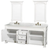 Andover 80 Inch Double Bathroom Vanity in Black with White Carrara Marble Countertop, Undermount Oval Sinks, and 28 Inch Mirrors