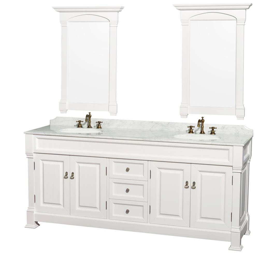 Wyndham Collection - Andover 80 Inch Double Bathroom Vanity in White with White Carrara Marble Countertop, Undermount Oval Sinks, and 28 Inch Mirrors - White