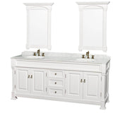 Wyndham Collection - Andover 80 Inch Double Bathroom Vanity in White with White Carrara Marble Countertop, Undermount Oval Sinks, and 28 Inch Mirrors - White