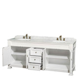 Andover 80 Inch Double Bathroom Vanity in Black, White Carrara Marble Countertop, Undermount Oval Sinks, and No Mirror